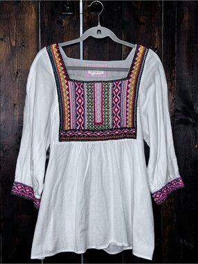 Anthropologie White Tunic with Pink, Yellow & Black Embroidered Yoke